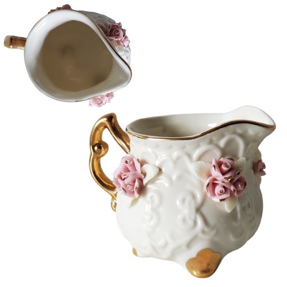 Vintage Handmade Porcelain Tea Set Pink Roses and 10K Gold Trim - Picture 13 of 16